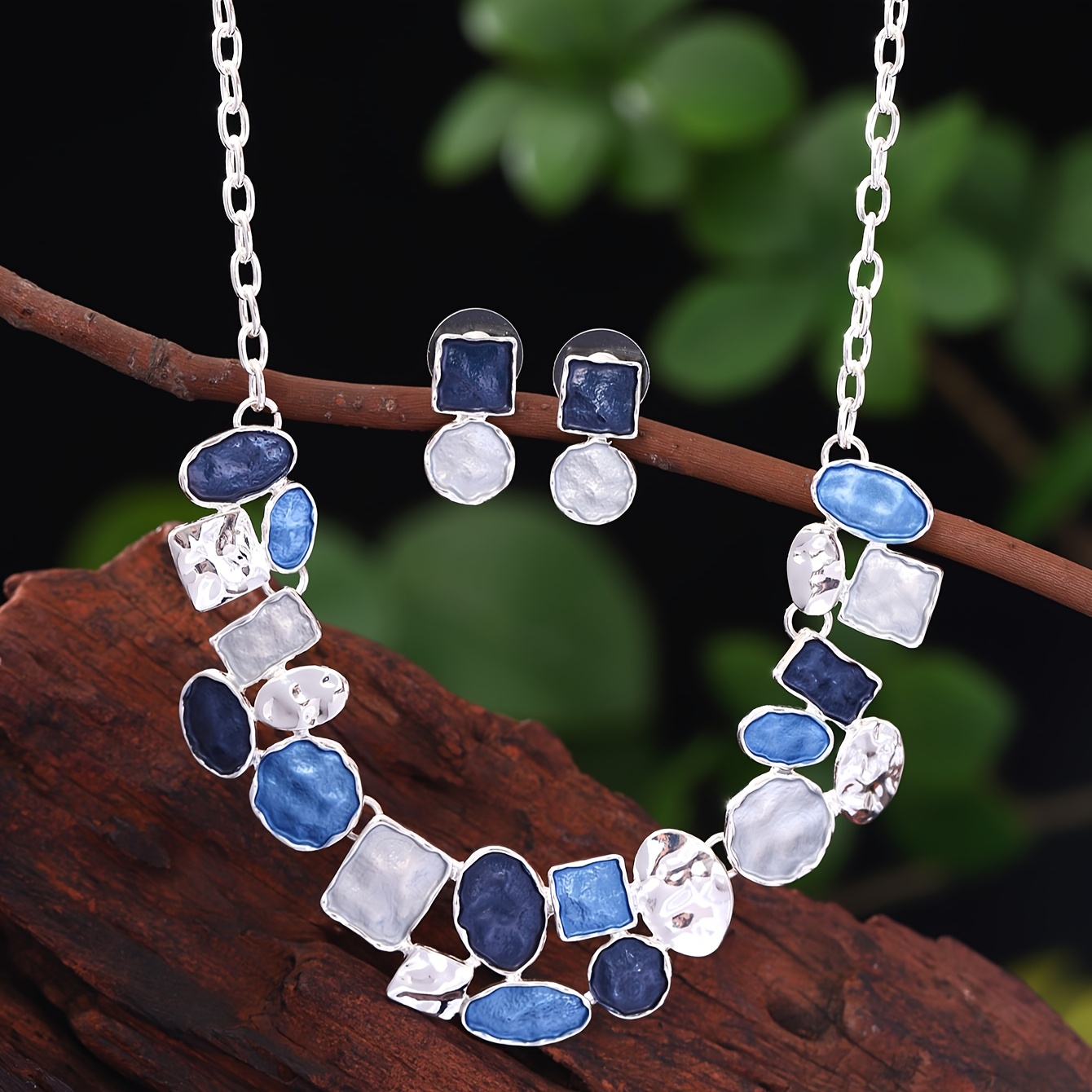 Geometric Oval Earrings & Necklace Set, Painting Design, Zinc Alloy